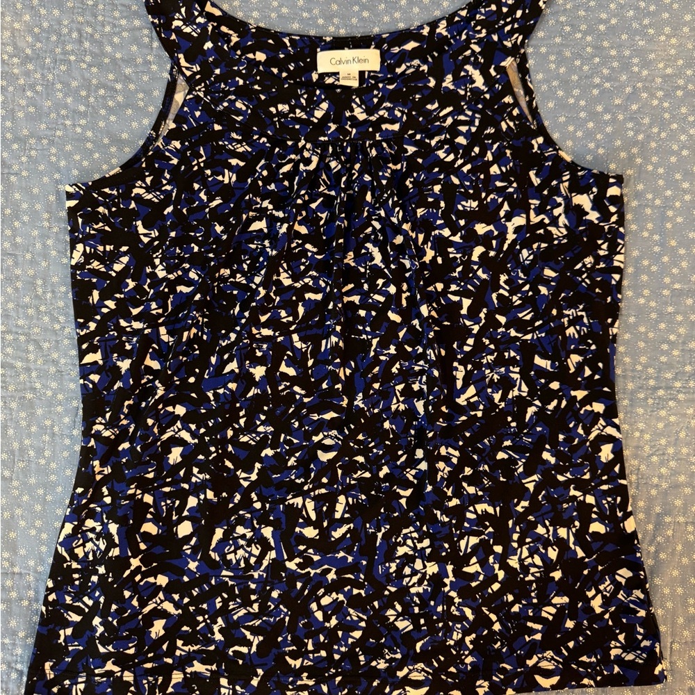 Calvin Klein Women's Abstract Blue white and Black sleeveless blouse